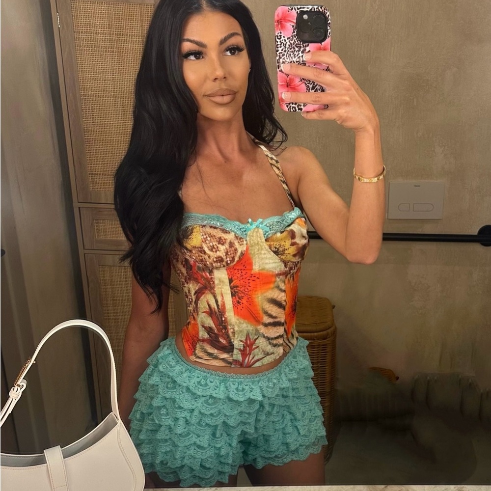 Colorful Animal Print Top and Teal Lace Shorts Set